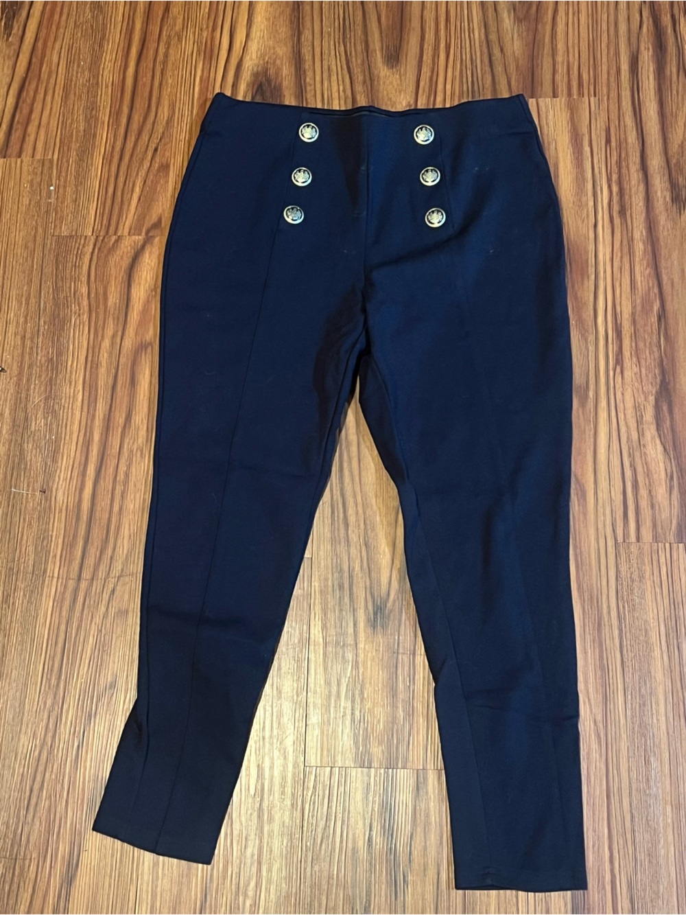 High-Rise Black Skinny Pants with Decorative Gold Buttons